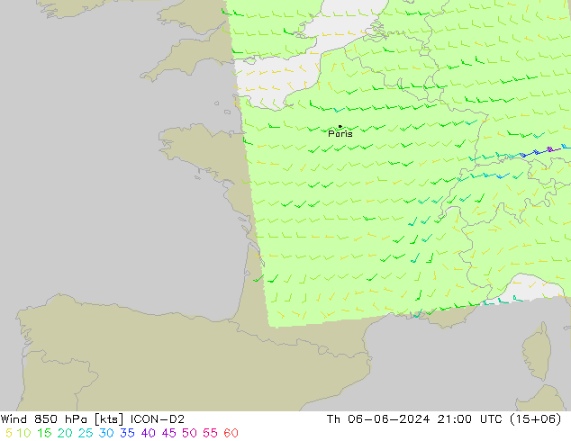 Wind 850 hPa ICON-D2 Th 06.06.2024 21 UTC