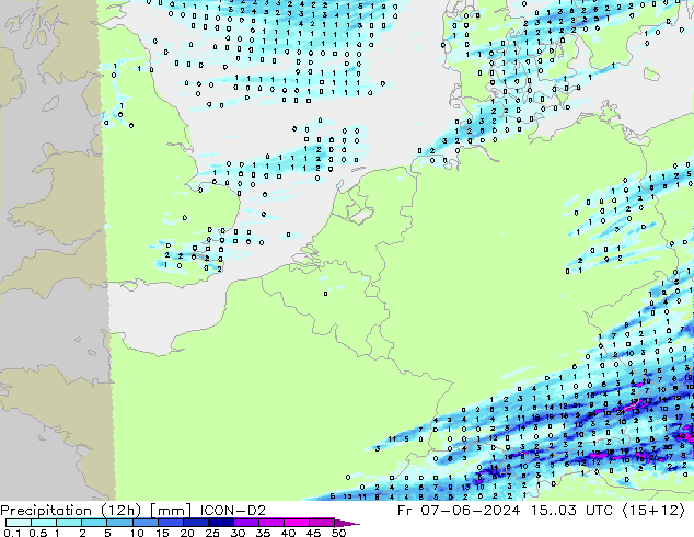 Precipitation (12h) ICON-D2 Pá 07.06.2024 03 UTC