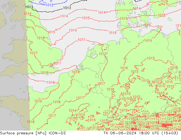 Atmosférický tlak ICON-D2 Čt 06.06.2024 18 UTC