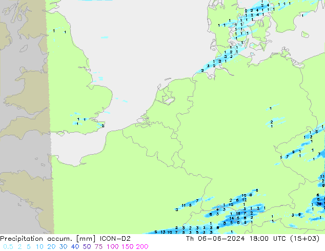 Precipitation accum. ICON-D2 Th 06.06.2024 18 UTC