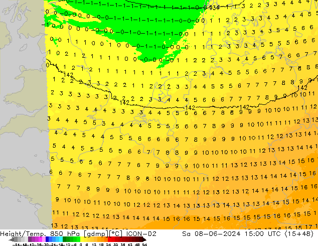 Height/Temp. 850 hPa ICON-D2 Sa 08.06.2024 15 UTC