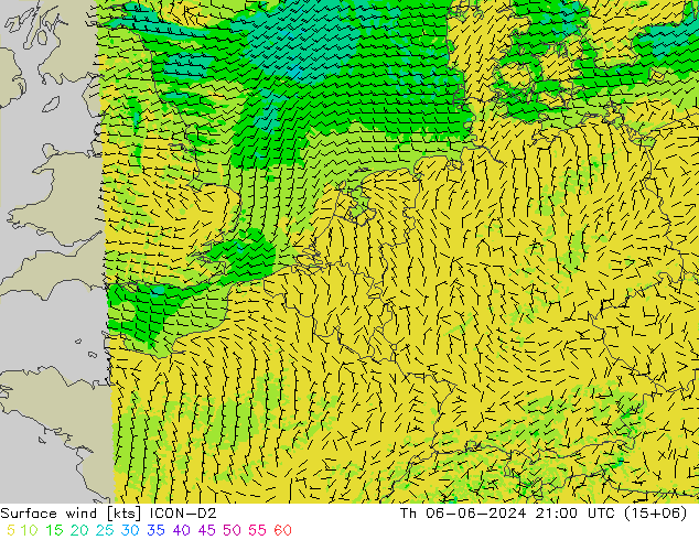 Surface wind ICON-D2 Th 06.06.2024 21 UTC