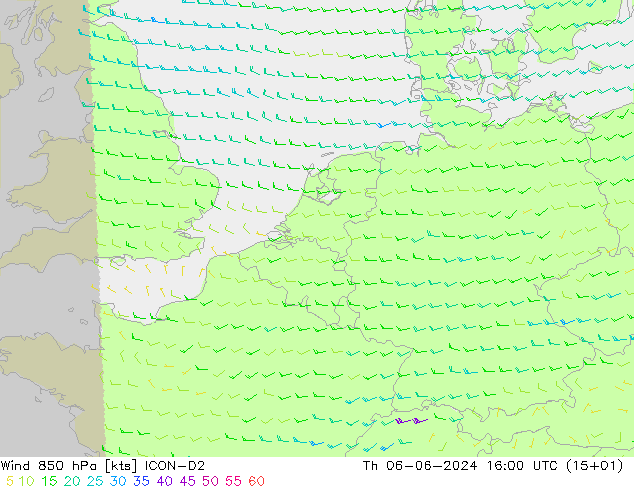 Wind 850 hPa ICON-D2 Čt 06.06.2024 16 UTC