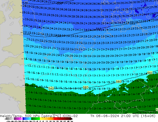 Height/Temp. 500 hPa ICON-D2 czw. 06.06.2024 21 UTC