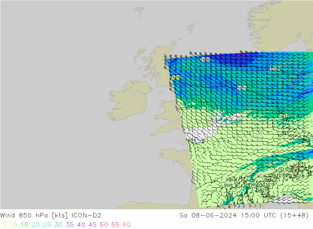 Rüzgar 850 hPa ICON-D2 Cts 08.06.2024 15 UTC