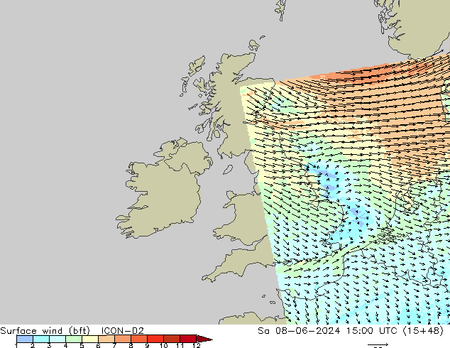 Surface wind (bft) ICON-D2 Sa 08.06.2024 15 UTC