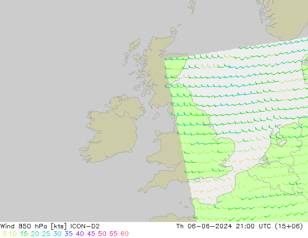 Viento 850 hPa ICON-D2 jue 06.06.2024 21 UTC