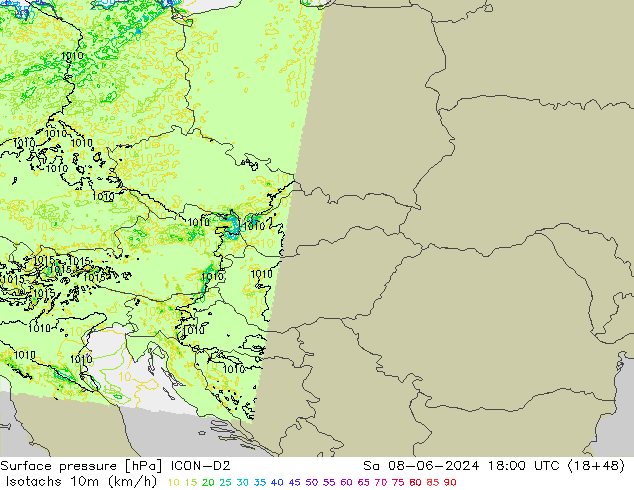 Izotacha (km/godz) ICON-D2 so. 08.06.2024 18 UTC