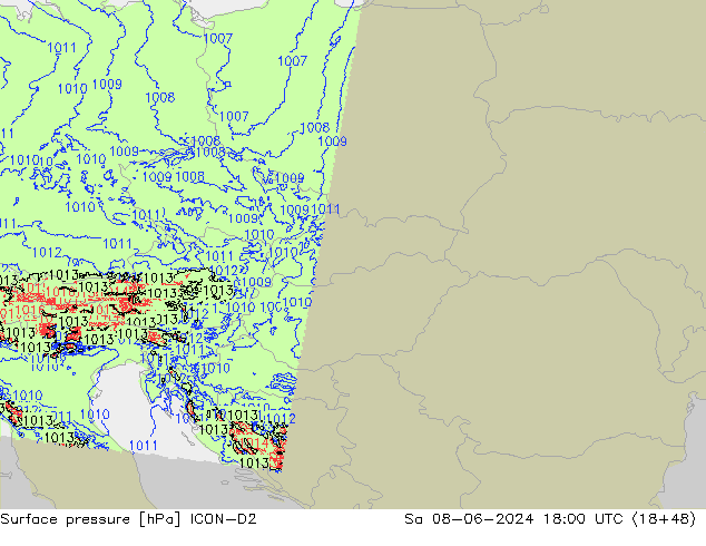 Presión superficial ICON-D2 sáb 08.06.2024 18 UTC