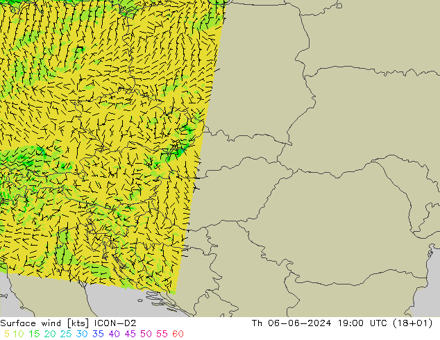 Surface wind ICON-D2 Th 06.06.2024 19 UTC