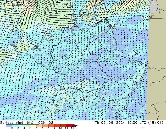 Vento 10 m (bft) ICON-D2 Qui 06.06.2024 19 UTC