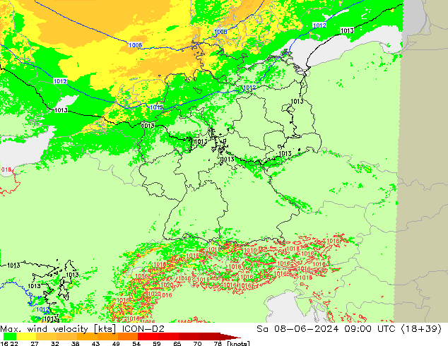 Max. wind velocity ICON-D2 sam 08.06.2024 09 UTC