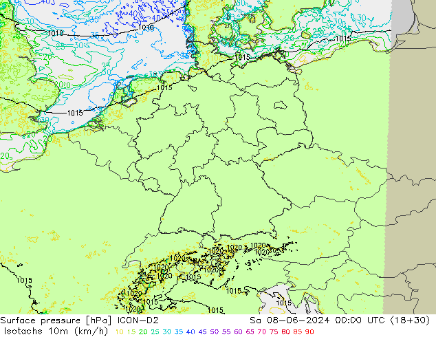 Isotachen (km/h) ICON-D2 Sa 08.06.2024 00 UTC