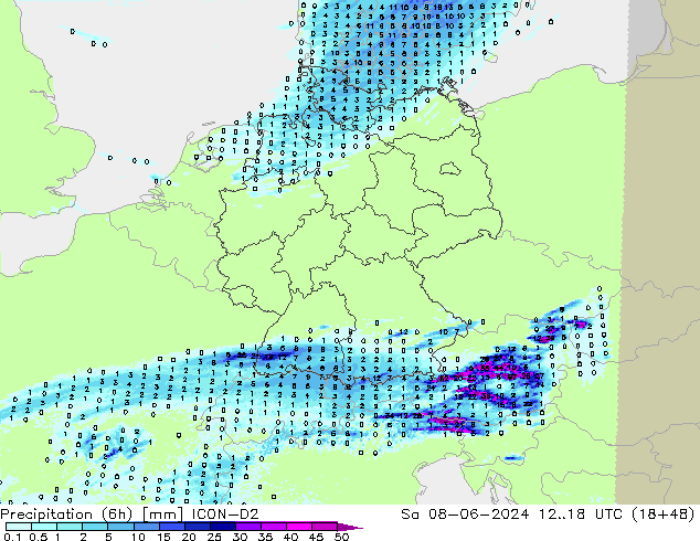 Precipitation (6h) ICON-D2 Sa 08.06.2024 18 UTC