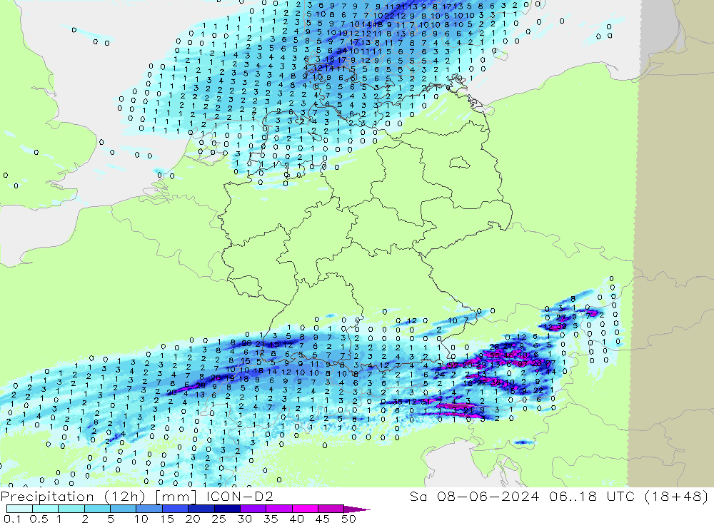 Precipitation (12h) ICON-D2 So 08.06.2024 18 UTC