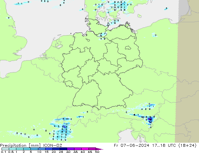 Précipitation ICON-D2 ven 07.06.2024 18 UTC