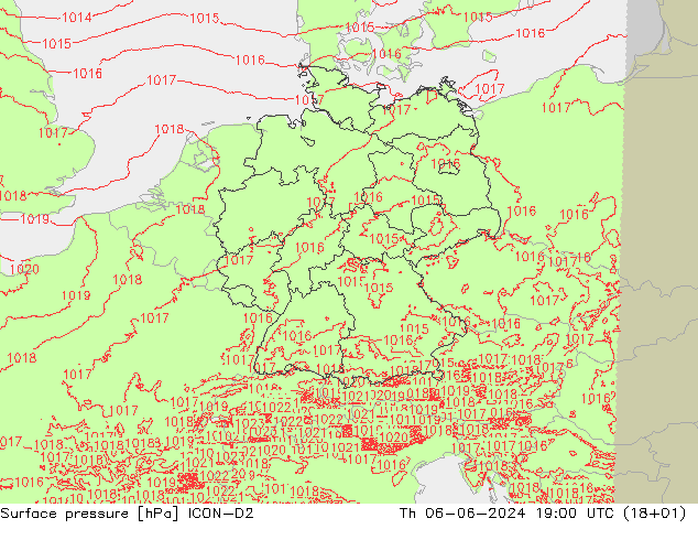 приземное давление ICON-D2 чт 06.06.2024 19 UTC