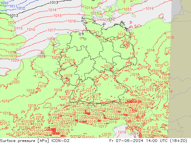 Surface pressure ICON-D2 Fr 07.06.2024 14 UTC