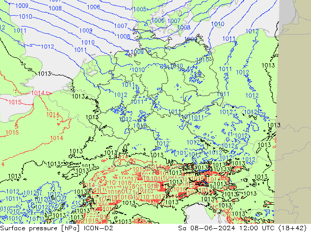 Surface pressure ICON-D2 Sa 08.06.2024 12 UTC