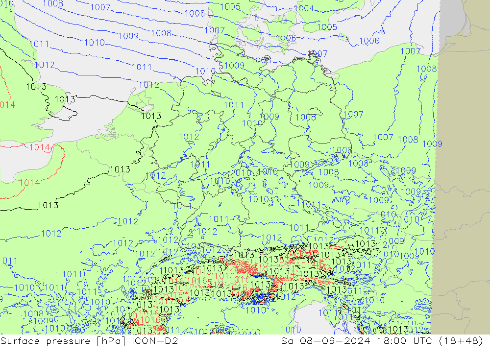 Luchtdruk (Grond) ICON-D2 za 08.06.2024 18 UTC