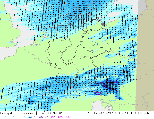 Precipitation accum. ICON-D2 Sa 08.06.2024 18 UTC