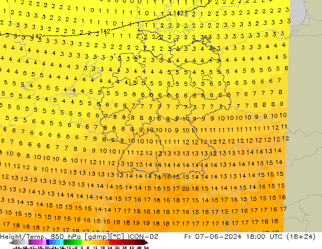 Height/Temp. 850 hPa ICON-D2 ven 07.06.2024 18 UTC