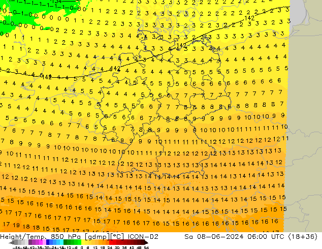 Height/Temp. 850 hPa ICON-D2 Sáb 08.06.2024 06 UTC