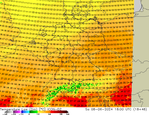 Temperatura mín. (2m) ICON-D2 sáb 08.06.2024 18 UTC