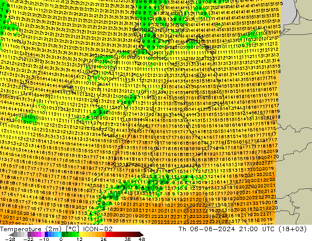 Temperature (2m) ICON-D2 Th 06.06.2024 21 UTC