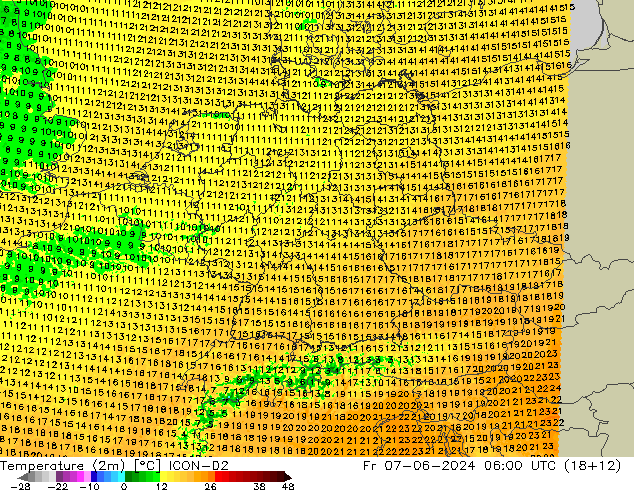 Temperatura (2m) ICON-D2 ven 07.06.2024 06 UTC