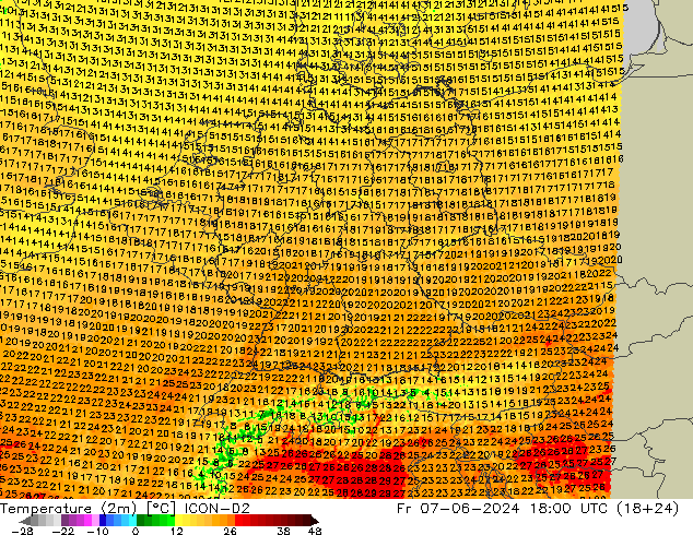 Temperature (2m) ICON-D2 Fr 07.06.2024 18 UTC