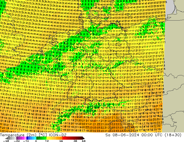 Temperature (2m) ICON-D2 So 08.06.2024 00 UTC