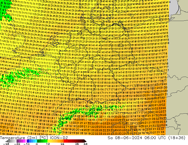 Temperature (2m) ICON-D2 Sa 08.06.2024 06 UTC