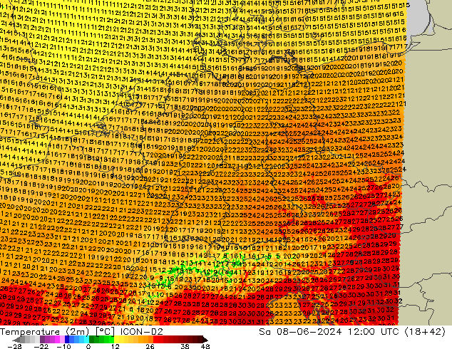 Temperatura (2m) ICON-D2 sáb 08.06.2024 12 UTC