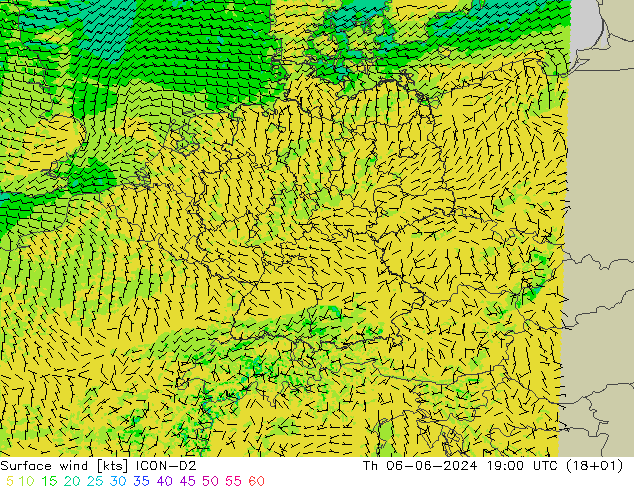 Surface wind ICON-D2 Th 06.06.2024 19 UTC