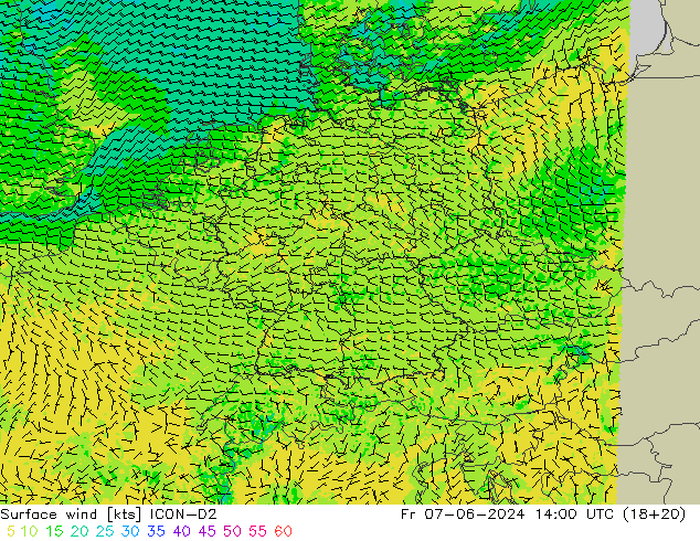 Surface wind ICON-D2 Fr 07.06.2024 14 UTC