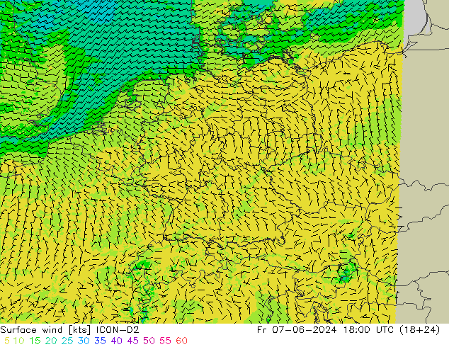 Surface wind ICON-D2 Pá 07.06.2024 18 UTC