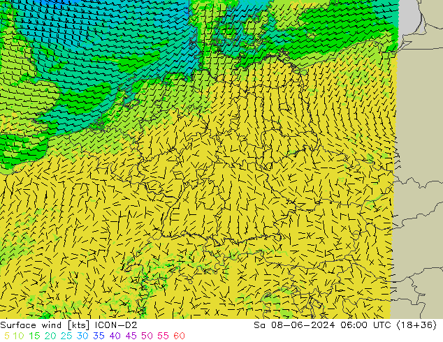 Wind 10 m ICON-D2 za 08.06.2024 06 UTC