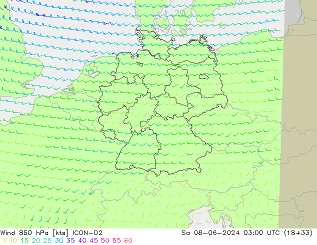 Vento 850 hPa ICON-D2 Sáb 08.06.2024 03 UTC