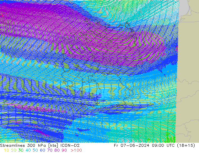 Streamlines 300 hPa ICON-D2 Fr 07.06.2024 09 UTC