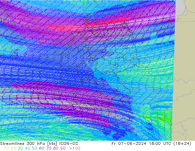 Streamlines 300 hPa ICON-D2 Fr 07.06.2024 18 UTC