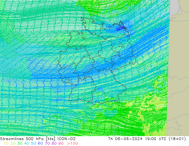 Streamlines 500 hPa ICON-D2 Th 06.06.2024 19 UTC