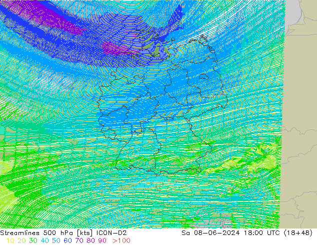 Stroomlijn 500 hPa ICON-D2 za 08.06.2024 18 UTC