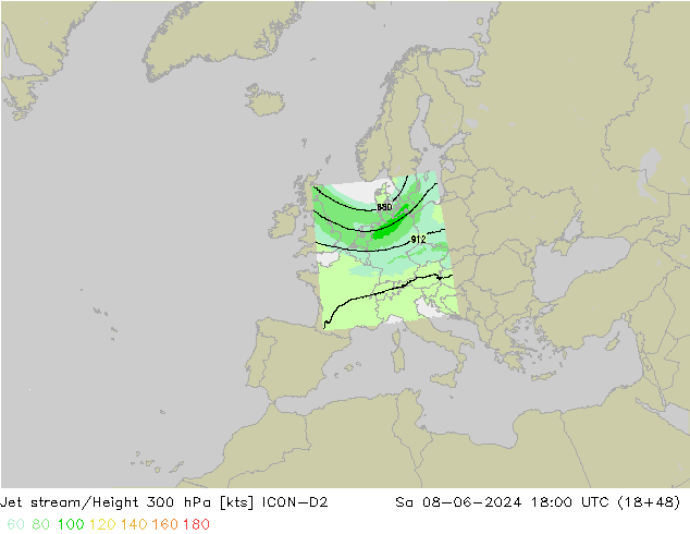 Corriente en chorro ICON-D2 sáb 08.06.2024 18 UTC