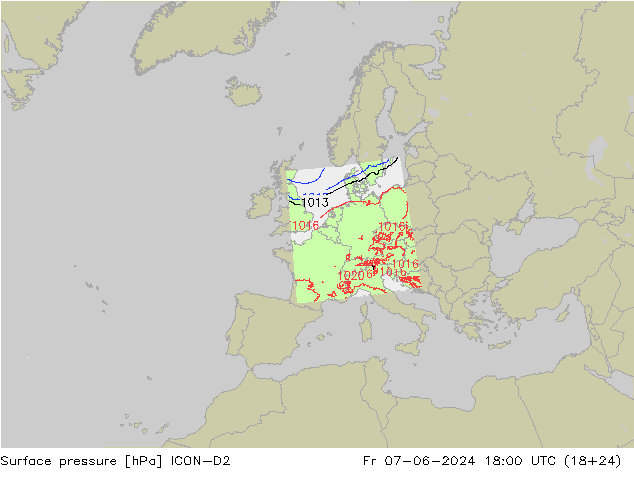 Surface pressure ICON-D2 Fr 07.06.2024 18 UTC