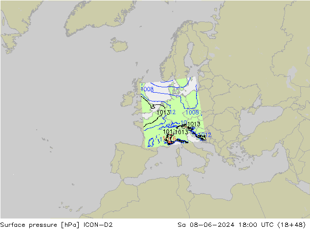 Presión superficial ICON-D2 sáb 08.06.2024 18 UTC