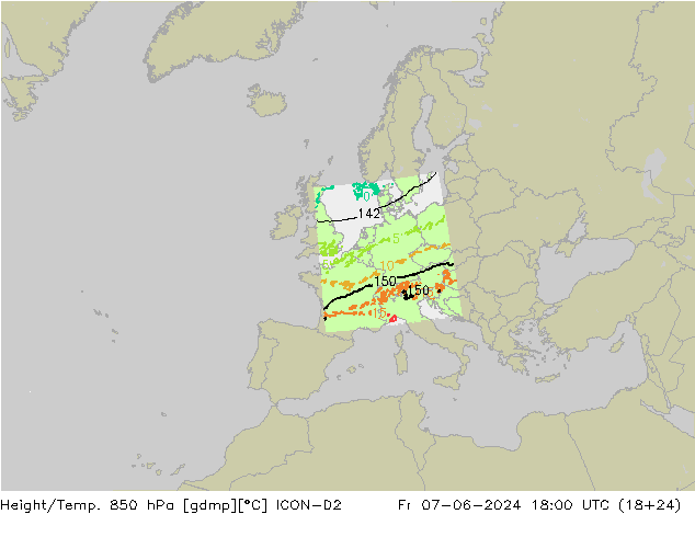 Height/Temp. 850 hPa ICON-D2 Fr 07.06.2024 18 UTC