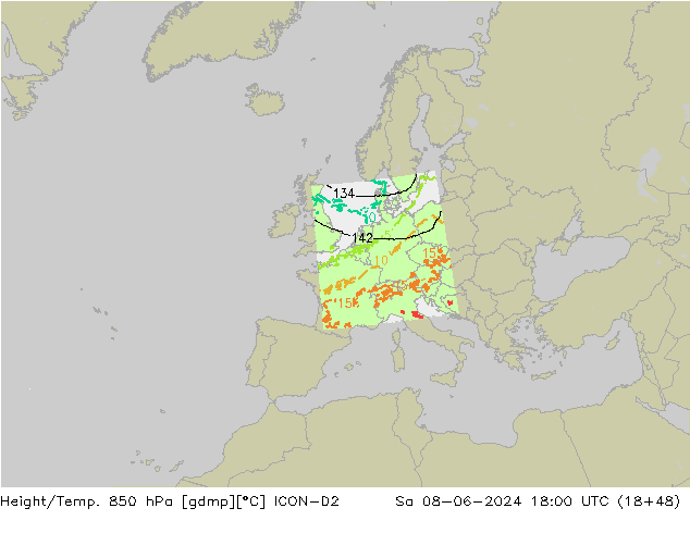 Hoogte/Temp. 850 hPa ICON-D2 za 08.06.2024 18 UTC