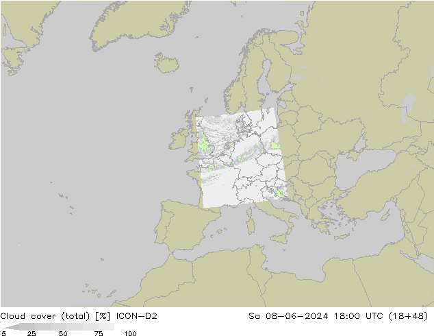 nuvens (total) ICON-D2 Sáb 08.06.2024 18 UTC