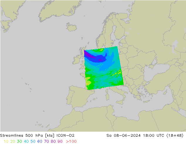 Stromlinien 500 hPa ICON-D2 Sa 08.06.2024 18 UTC